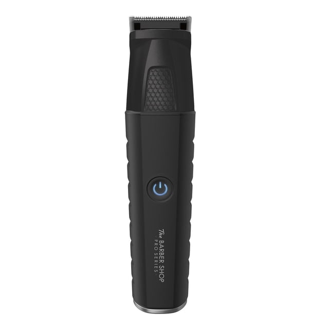 5 Head, 15 Piece Lithium-Ion Magnetic Head Multi-Trimmer Kit with a black professional hair clipper featuring a textured TPE grip, illuminated power button, and etched Japanese steel blades for precise hair cutting and grooming.