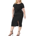 thumbnail image 2 of GRACE & GRANDEUR Robe Grande Taille pour Femmes Nœud Col Rond Manches Courtes Fente Latérale Robe Noire 4X, 2 of 5