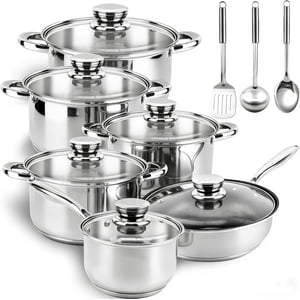 Ensemble d'articles de cuisine en acier inoxydable - 15 Pièces Pots et casseroles Ensembles de casseroles et d'antiadhésifs inclus 1 Des poêles, 5 Des pots, 6 Lys et 3 Ustensiles, avec poignée de refroidissement, induction & Sûre