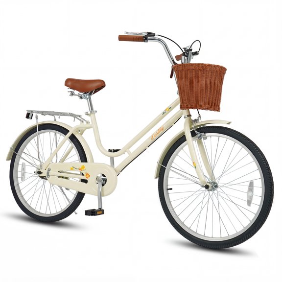Gymax Vélo de Plage Cruiser 24 Pouces avec Siège Ajustable Panier Tressé et Porte-Bagages Arrière Beige