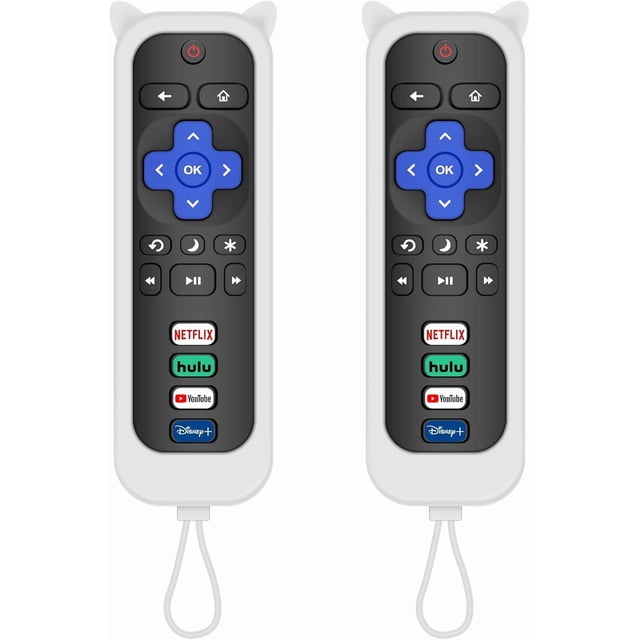 XiHAMA 2-pack replacement remote controls compatible with Roku TVs, including TCL, Onn, Hisense, Philips, Sharp, Westinghouse, and Insignia models. Each remote features a black and blue button layout with white protective covers and wrist straps. Includes shortcut buttons for Netflix, Hulu, YouTube, and Disney+ for quick access to streaming services. Designed for infrared operation without pairing or programming. Batteries not included.