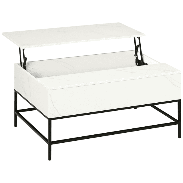 HOMCOM Lift Top Coffee Table with Hidden Storage Compartment featuring a white marble finish and black metal legs. The adjustable tabletop lifts to create a floating desk, revealing a spacious hidden storage compartment. Ideal for living rooms or offices, suitable for working, dining, or displaying decor.