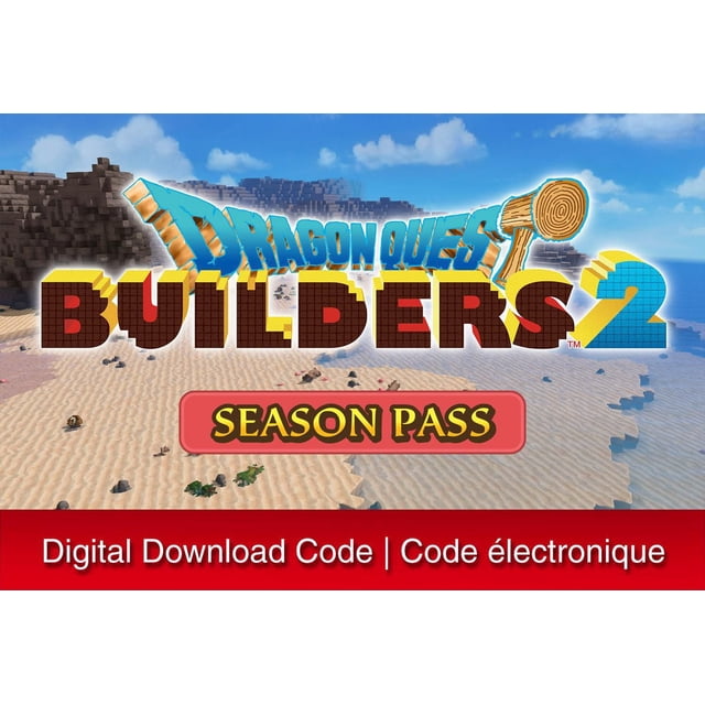 Dragon Quest Builders 2 Season Pass DLC Nintendo Switch code de Téléchargement Numérique Montrant un Paysage Désertique 3D de Style Bloc avec Ciel Bleu et Nuages, le Titre du Jeu en Grandes Lettres Pixélisées, et une Bannière de Season Pass Rouge, Convient aux Téléchargements Nintendo Switch et au Contenu de Jeu Supplémentaire.