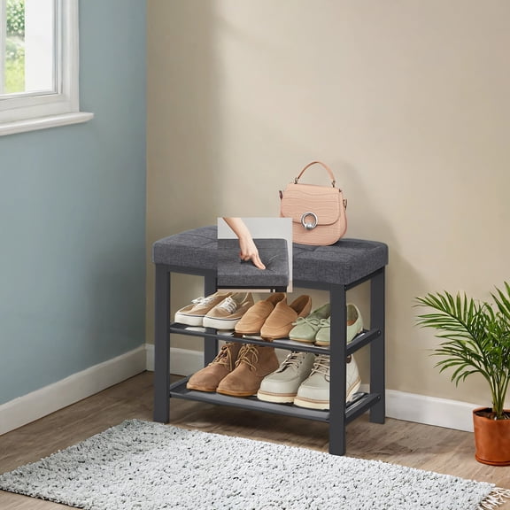 LEDREM Storage Bench with Cushioned Seat, 2-Tier Shoe Rack for Entryway Hallway Bedroom, Holds 6 Pairs, 300lb Capacity, Easy Assembly,Grey and Black