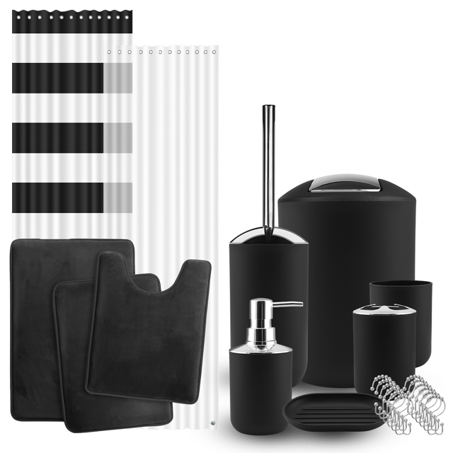 Clara Clark Bathroom Accessory Set, Black Bathroom Décor with Toothbrush Holder Set, Bathroom Curtains Shower Set, Bath Rug Set Included