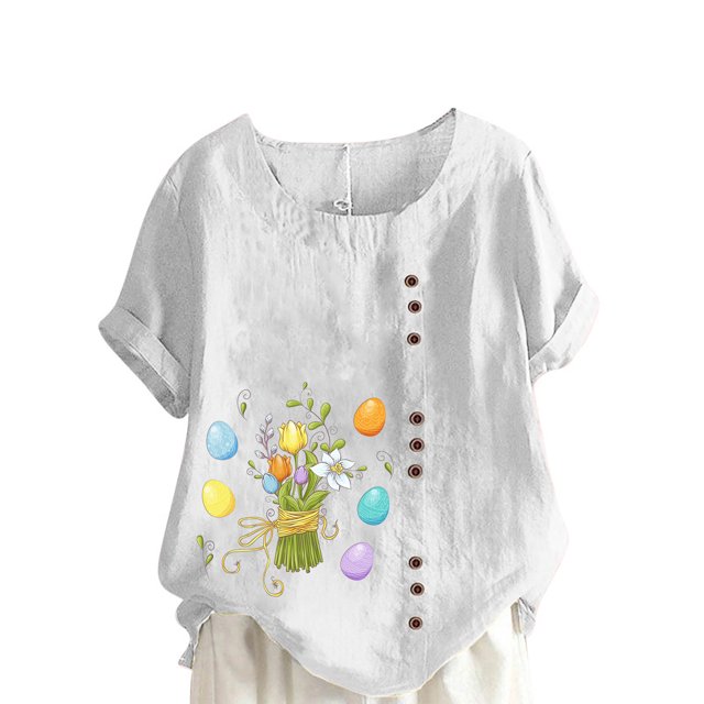 Pisexur Hauts d'Été Grande Taille pour Femmes Blouse en Lin Col Rond Manches Courtes Tee-Shirts en Mélange de Coton Floral