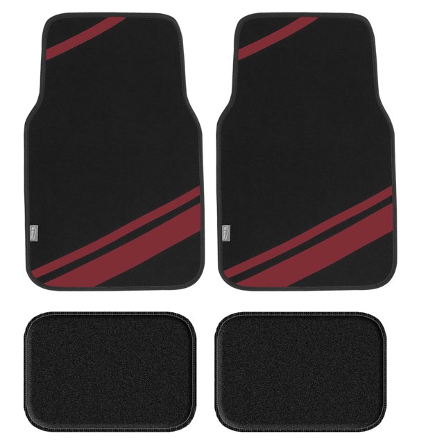 FH Group Carpet Liners Car Floor Mats with Faux Leather Stripes - Full Set, featuring two front mats and two rear mats. Made of durable carpet and PU leather, the mats include faux leather accents in a bold stripe design for a luxurious touch. The front mats measure 25.5” x 14”-17” and the rear mats measure 13” x 17”. Designed with a textured backing to prevent slipping, these universal mats fit most vehicle models. Easy to clean with vacuuming or soap and water, and available in 11 colours.