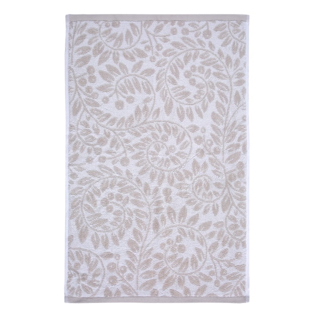 Holiday Time Botanical Swirl Hand Towels, 2-Pack with beige botanical swirl pattern on white 100% cotton fabric, measuring 16 in. by 26 in., soft and absorbent for bathroom or kitchen use, also suitable for decorative seasonal accents.