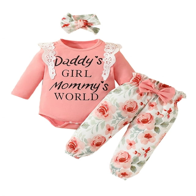 Baby Girls 3Pcs Fall Outfits Long Sleeve Lace Ruffle Romper + Pants + Headband Set Infant Clothes