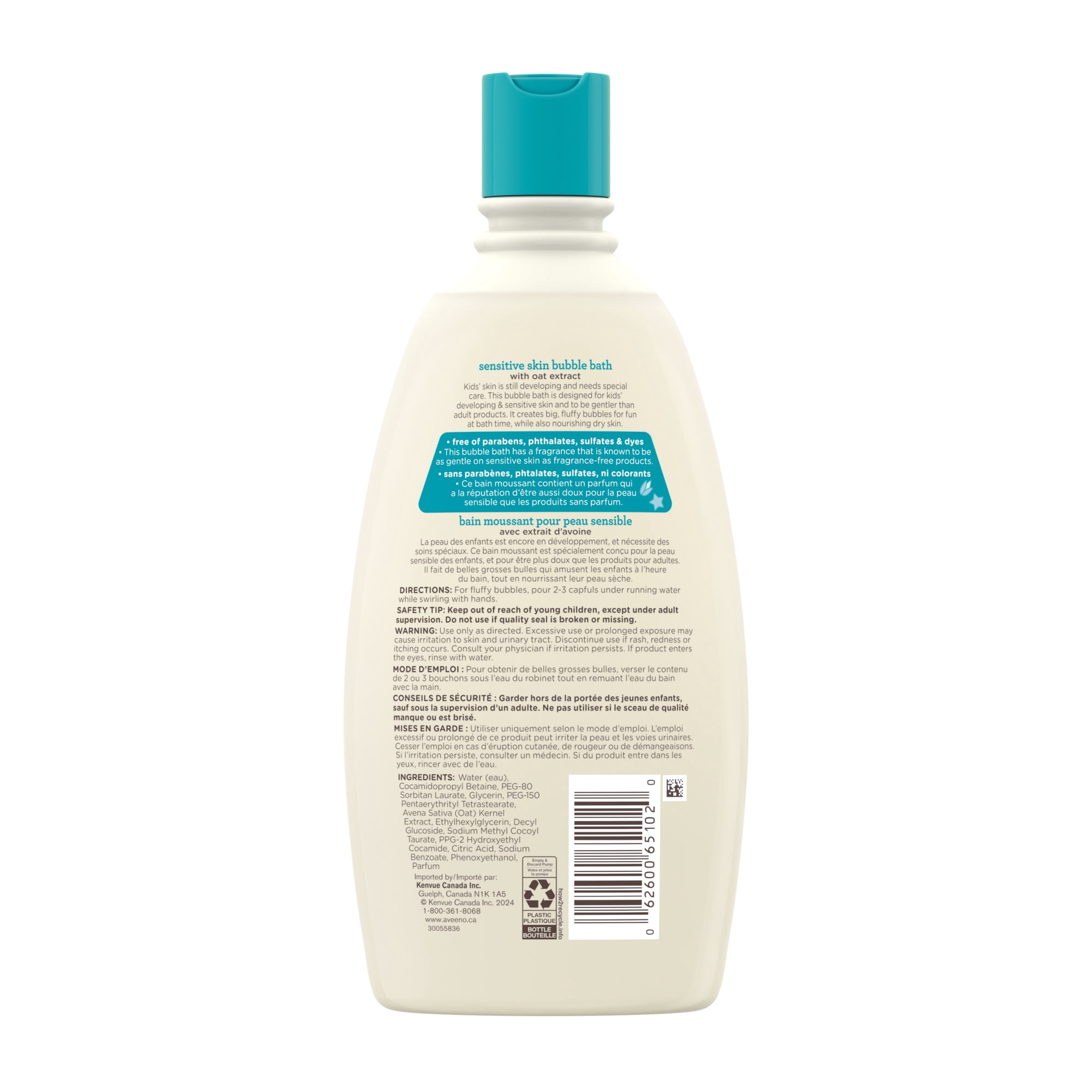 Aveeno Kids Sensitive Skin Bubble Bath, Children's Bubble Bath for Sensitive Skin with Oat Extract, Kid's Bath Liquid Nourishes Dry Skin & Makes Big, Dye-Free, 567 mL