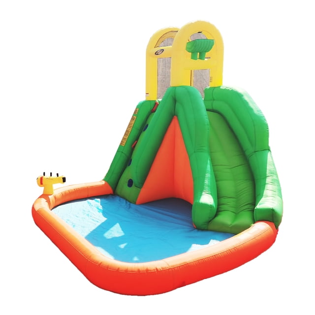 Magic Time International MTI 91452 Splash Fun Yard Parc Aquatique Gonflable Présentant un design Multicolore avec une Grande Glissade d'Eau Courbée Menant à une Piscine Éclaboussante, un Mur d'Escalade avec Poignées, et une Haute Tour-Plateforme avec des Murs en Maille de Sécurité. Comprend un Seau à Benne Automatique et un Pistolet à Eau Gonflable pour Plus de Plaisir. Fabriqué en Tissu polyester Enduit de PVC durable, Il Mesure 25 x 15.3 x 15.3 Pouces et Est Idéal pour les Activités Estivales dans la Cour