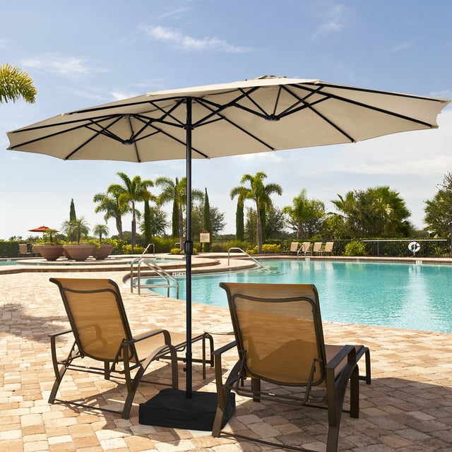 Gymax Parasol Jumeau de Patio Double Face de 15 Pi, Parasol de Marché Extra-Grand avec Base, Beige