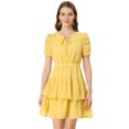 thumbnail image 1 of INSPIRE CHIC Robe Courte pour Femme à Col Noué, Manches Froncées, Taille Élastique, Ligne A, Ourlet à Volants à Double Épaisseur, m Jaune, 1 of 1