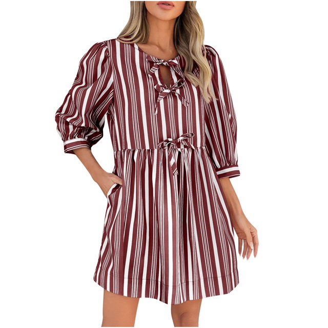 yoeyez Robes d'Été pour Femmes 2025 Maxi Mignon Manches Bouffantes 3/4 Rayé Nœud Papillon Mini Robe Soleil Col Ras du Cou Décontractée Robes Babydoll Ample Fluide Robe de Plage Bordeaux,L