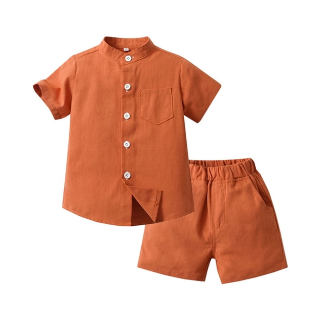 Plebaso Baby Girls Boys Stand-Up Collar Short Sleeve Shirt Shorts Pants Set Solid Color Summer Clothes Two-Piece Suits