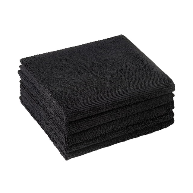Dishcloths for Kitchen, Car Towels Microfiber Drying Thickened Rags in black color, made of polyester material. These absorbent and soft microfiber cleaning cloths measure 30x30cm (11.81x11.81in) and are designed for wiping tables, cleaning dishes, and car surfaces. The stack of cloths is shown neatly folded, highlighting their texture and thickness.