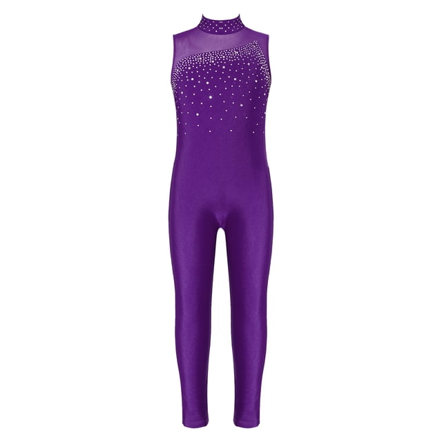Jizyo Kids Girls Dance Unitard Sleeveless Full Body Jumpsuit Rhinestone Rompers One Piece Ballet Dance Leotard Purple 16
