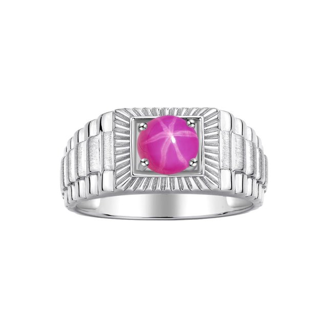 RYLOS Men's Ring 14K White Gold Ring, 7MM Round Shape Gemstone Designer Style Rings Star Ruby July Birthstone Rings Gold Size 10