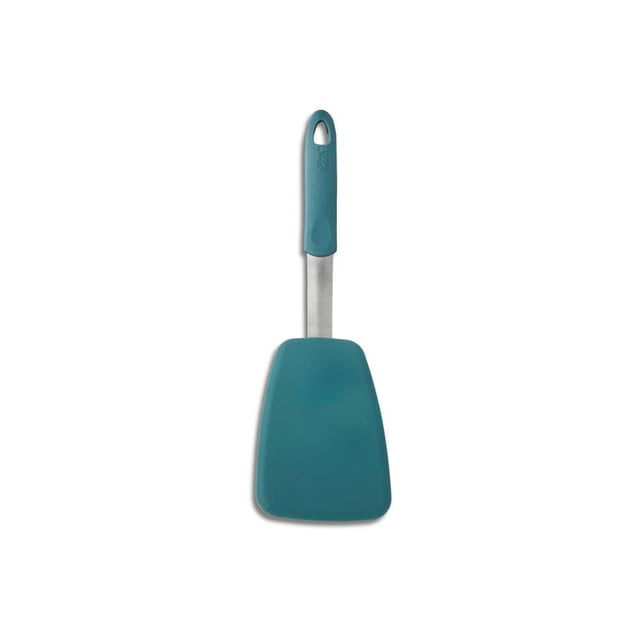 Thyme & Table Food-Safe Silicone Large Turner in green with a wide, flat silicone head and sturdy metal neck, featuring an ergonomic handle with hanging hole, ideal for flipping pancakes or burgers without scratching cookware.
