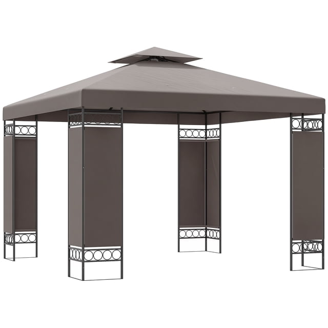 Outsunny Gazebo à Auvent 10 x 10 Pi avec double Toit Kaki et Toit Souple. Comprend un Auvent en polyester Résistant aux Éclaboussures avec des Trous de drainage, un Cadre en Métal Enduit de Poudre Résistant aux Intempéries et des Panneaux d'Écran en Tissu pour l'Intimité. le Gazebo Offre une Surface Spacieuse pour jusqu'à 10 Personnes, Convient aux patios, Terrasses Ou Jardins. les Dimensions Sont de 117,3 Pouces par 117,3 Pouces par 102,4 Pouces.