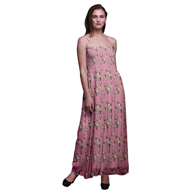 Bimba Robe à Bretelles Smockée en Georgette pour Femmes à Imprimé Floral Feuilles et Jasmin Arabe - Moyen