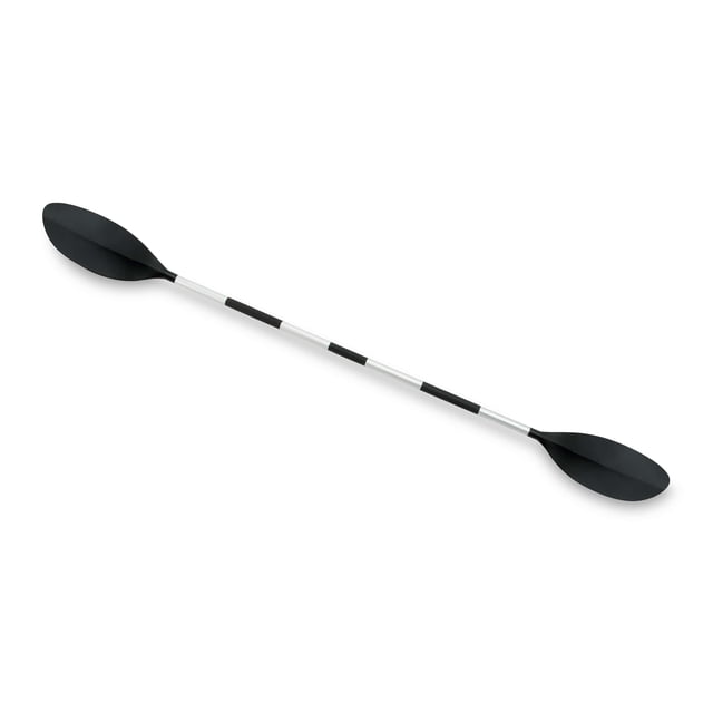 Intex Kayak Paddle with an 86-inch lightweight aluminum shaft featuring black grip sections and ribbed spoon-shaped black blades on both ends, designed for efficient paddling in kayaking and water sports.