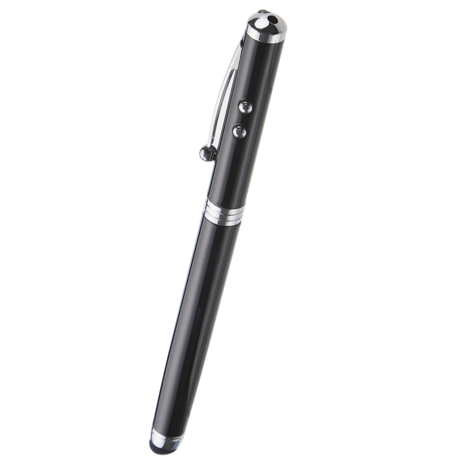 Onn. 4-in-1 Stylus Pen with Laser, Ball Point Pen & Flashlight for Touchscreen Devices, Black, Batteries Included
