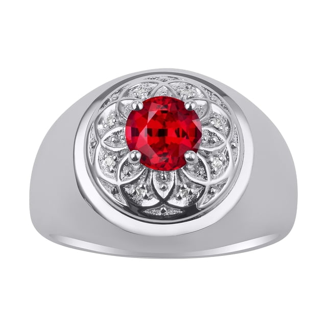 RYLOS Men's Rings Sterling Silver Designer Gypsy 7MM Round Gemstone & Diamond Ring Ruby July Birthstone Rings Size 12