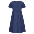 thumbnail image 4 of Cameland Mode Femme Été Décontractée Col en V Uni Manches Courtes Bouton Poche Robe en Coton et Lin, 4 of 9