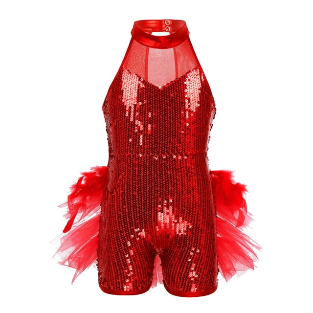 Linjinx Robe Tutu de Danse Ballet à Sequins Brillants pour Filles, Costume de Performance Jazz Latin Moderne Rouge 5
