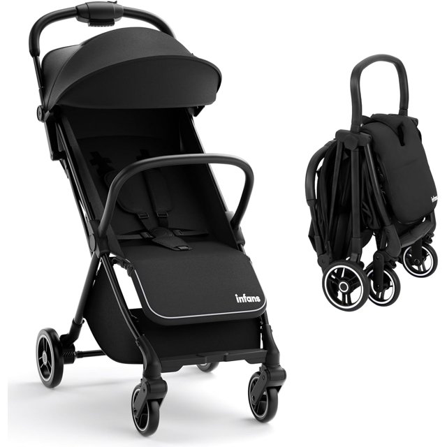 INFANS Lightweight Baby Stroller, One-Hand Gravity Fold, Compact Travel Stroller for Airplane with Aluminium Frame, Adjustable Backrest and Canopy, Foldable Infant Toddler Stroller