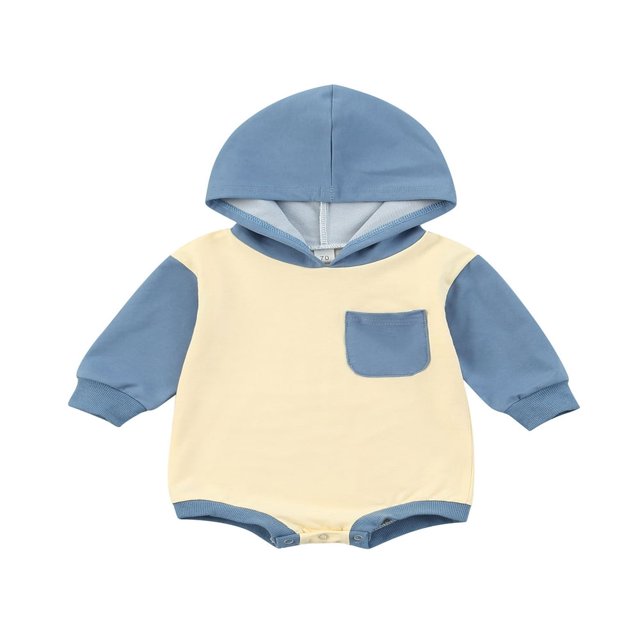 Infant Baby Boys Girls Long Sleeve Hooded Romper Contrast Color Stitching Triangle Jumpsuits with Pocket