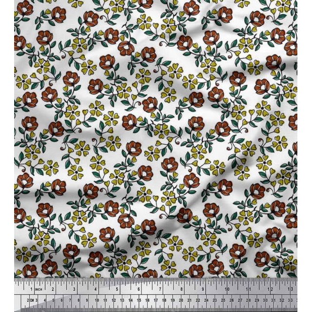 Soimoi Polyester Crepe Fabric Leaves & Floral Block Print Fabric by The Yard 52 Inch Wide