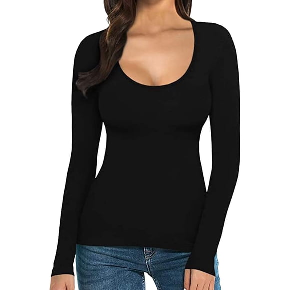 Lixiuxyad T-Shirt Moulant Uni à Col Rond à Manches Longues pour Femme Noir