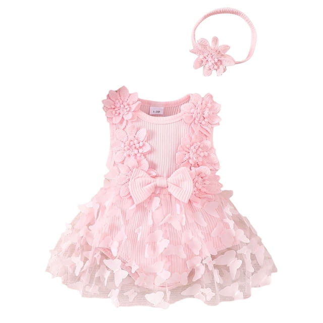 MIASHUI Ensemble de Vêtements Robe Barboteuse Sans Manches pour Bébé Fille, Ourlet de Jupe à Fleurs, Bandeaux, Rouge, 1-3 Mois