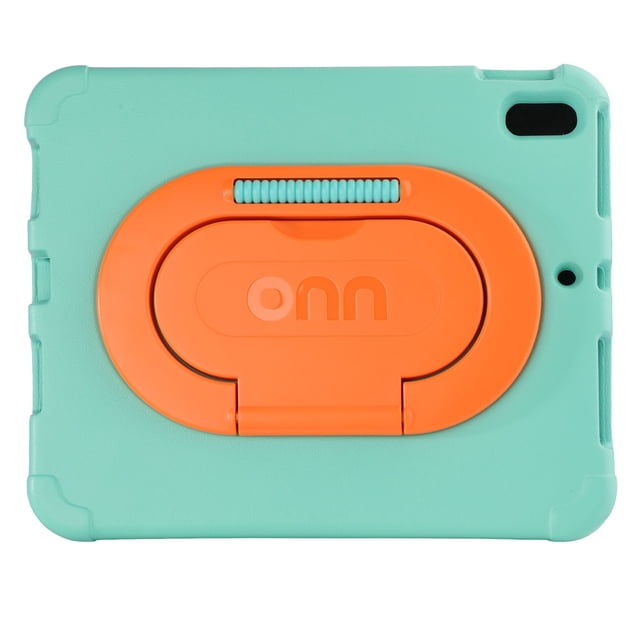 onn Kids iPad Case in teal with an orange built-in fidget wheel and foldable handle stand, compatible with iPad 10.2" (7th-9th Gen) and 10.9" (10th-11th Gen) models, made from shock-absorbing EVA material with precise cutouts for buttons, camera, and a stylus holder.