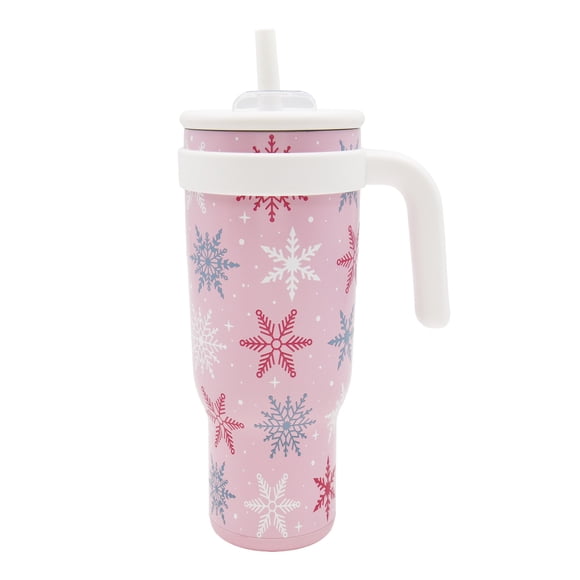 Gobelet isotherme en acier inoxydable Holiday Snowflakes avec paille à clapet et poignée, rose, par Holiday Time