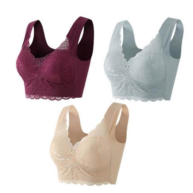 Timegard Bras for Women Plus Size Wirefree Flower Lace Back Smoothing Comfortable Full-Support Bralette