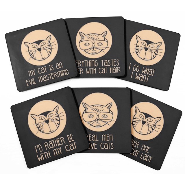 Inkdotpot Set of 6 Drink Coasters Easy Clean 4-inch SquareCoastersCork Base-Reusable- Cat Quotes