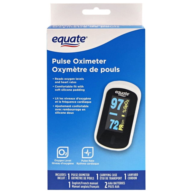 Equate Pulse Oximeter front-facing close-up of a compact fingertip reader with hinged clip, single top power button and backlit rectangular display showing blue numeric SpO2 readout and yellow pulse-rate text; compact portable SpO2 monitor branded Equate on white background.