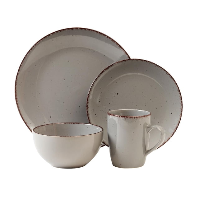 Safdie & Co. Dinnerset 16PC Stoneware Utopia in taupe with four 10.5-inch dinner plates, four 8-inch salad plates, four 5.5-inch bowls, and four 12 oz mugs featuring speckled stoneware and rustic brown rims, dishwasher and microwave safe, suitable for everyday or holiday dining.