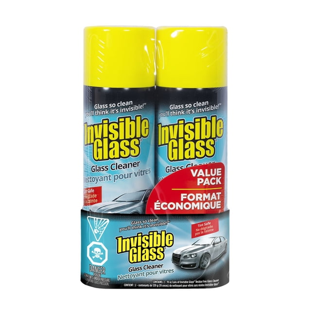 Invisible Glass Aerosol 19oz 2-pack front-facing aerosol glass cleaner showing two labeled cans with Invisible Glass logo; label states ammonia-free, tint-safe fine-mist foam for deep-clean, residue-free, streak-free shine on windows, windshields and stainless steel, often used to remove greasy fingerprints and suitable for cleaning appliance trim or vehicle glass during travel.