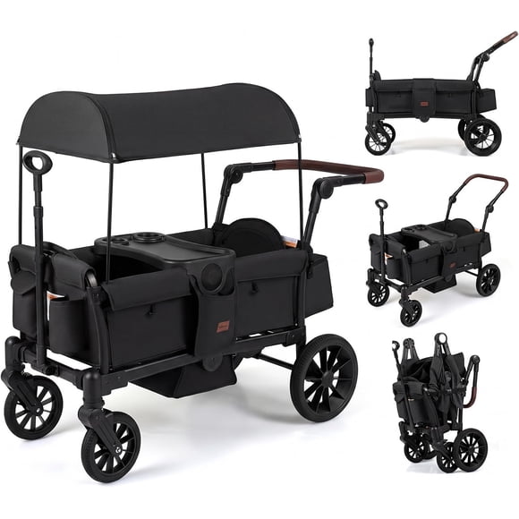 Poussette-chariot INFANS pour 2 Enfants, Chariot Pliable avec Poignée et Barre de Traction Ajustables, Auvent Amovible, Puits pour les Pieds, Plateau à Collations, Harnais pour Nourrissons et Tout-Petits 6-36 Mois