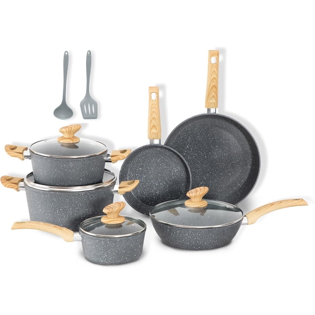 DishDelight Induction Nonstick Pots and Pans Set, 12 Piece Kitchen Cookware Sets, Nonstick Granite Cooking Pot and Pan Set with Frying Pans & Saucepans, Gray