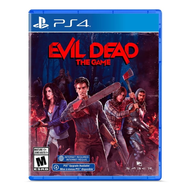 Evil Dead : The Game PS4 cover art Mettant en Vedette Quatre Personnages Armés d'Une Tronçonneuse, d'Une Hache et d'Un Fusil de Chasse Se Tenant dans une Forêt Sombre avec des Mains Rouges Lumineuses Qui Surgissent du Sol, Illustrant le Jeu d'Horreur Multijoueur Coopératif Basé sur la Série Evil Dead.