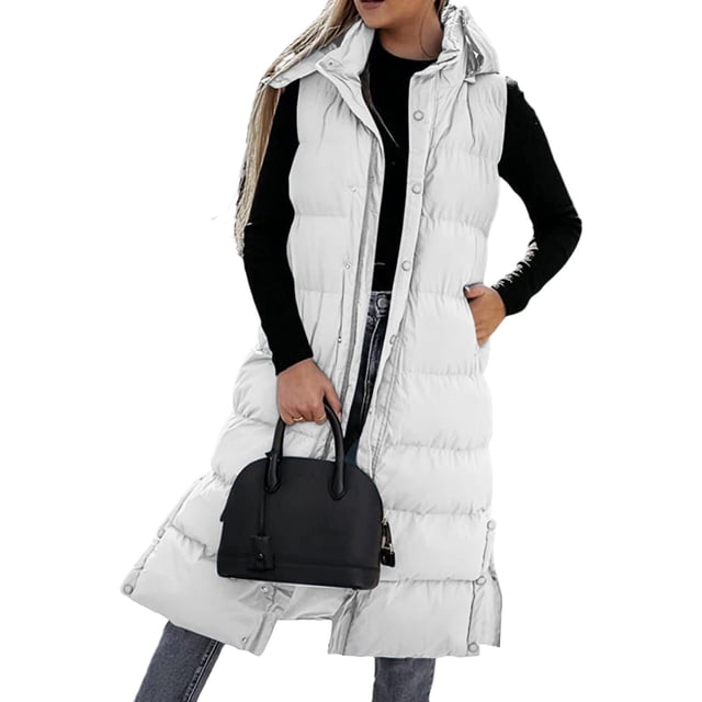 jsaierl Long Puffer Vest Women Button Down Sleeveless Hooded Jacket Overcoat Solid Color Side Slit Winter Parka Coat