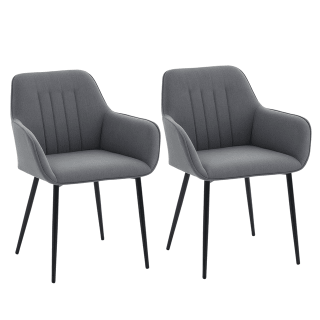 HOMCOM Ensemble de 2 Chaises de Salle à Manger, Chaises d'Appoint Rembourrées avec Pattes en Métal. Ces Chaises Gris Foncé Offrent des Sièges Rembourrés Doux Enveloppés de Tissu en Lin Respirant, un Capitonnage à Canaux Décoratif et des Dossiers Incurvés pour le Confort et le Soutien. les Pattes en Acier Offrent Stabilité et Durabilité. Idéales pour les Espaces de Cuisine Ou de Salle à Manger, Chaque Chaise Mesure 23,4 Pouces de Large, 22,2 Pouces de Profondeur et 31,9 Pouces de Hauteur, avec une Capacité de Charge de 264 Lb. Assemblage Requis