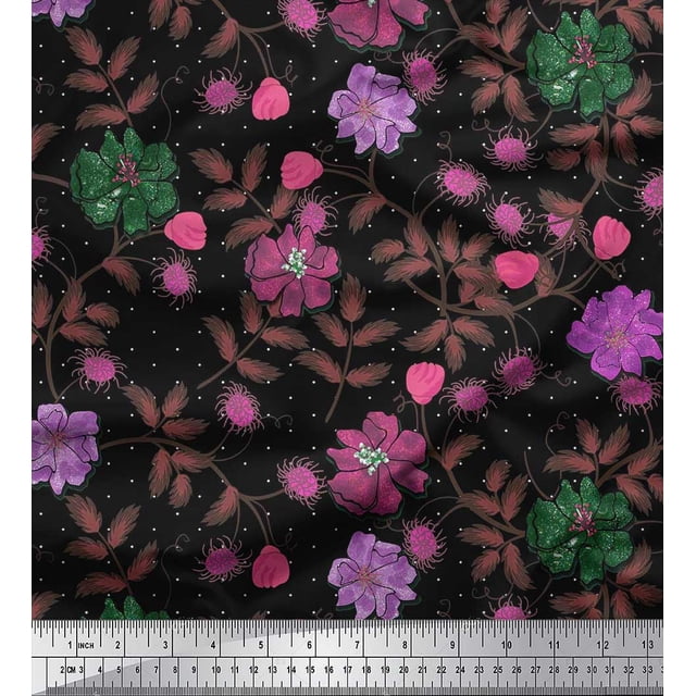 Soimoi polyester Crepe Fabric Dot,Leaves & Flower Print Fabric by The Yards 52 Inch Wide