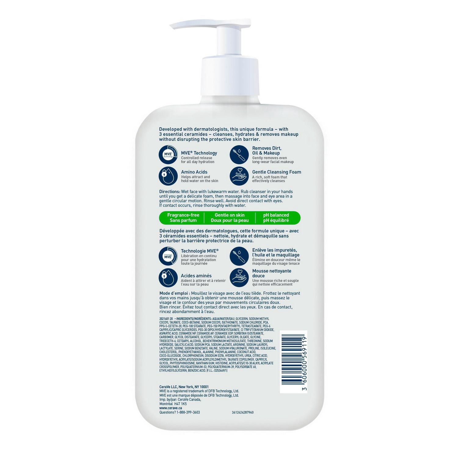 CeraVe Nettoyant Crème-Mousse, Gel Hydratant avec Céramides et Acides Aminés pour Peau Normale à Sèche, 237 ml