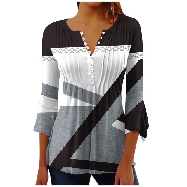 Birdeem T-Shirt Mode Imprimé pour Femmes Manches 3/4 Blouse Col en V Hauts Décontractés